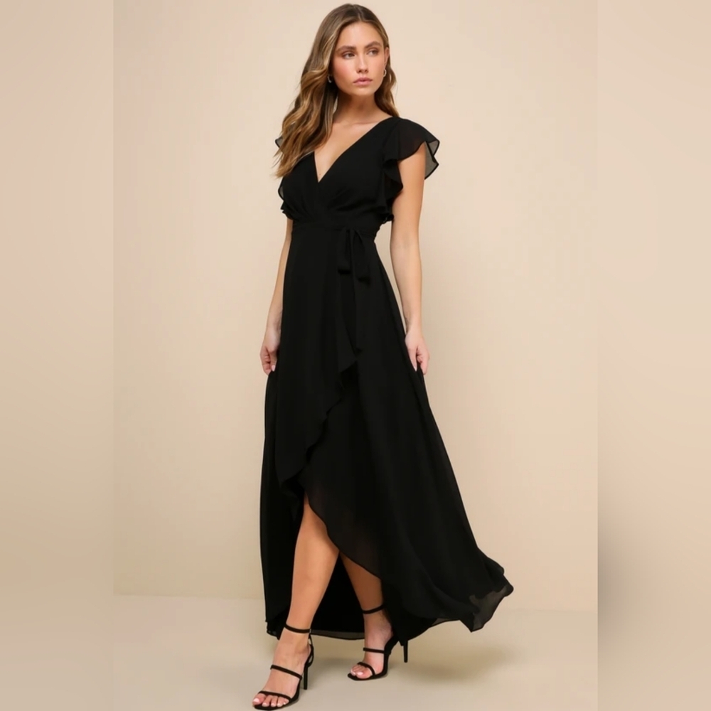NWOT Lulus Black Ruffled Wrap High-Low Dress Size XL=14/16